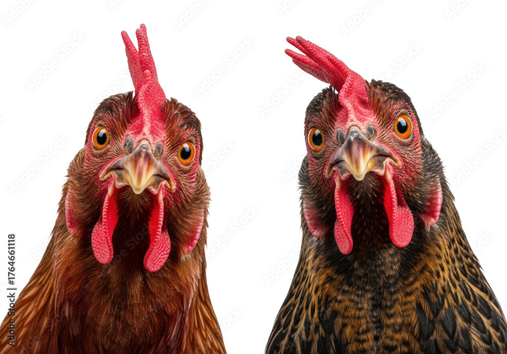 Naklejka premium Two curious domestic chickens, brown and speckled hens with vivid red combs, tilt heads, wide eyes, direct gaze on plain white studio background with soft lighting. Curious animal portrait