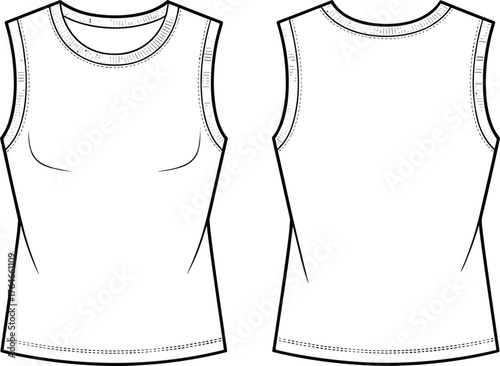 Sleeveless women’s top technical sketch, front and back view, fashion flat illustration, round neckline, fitted silhouette, garment design template