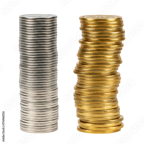Stacks of Money: An image showcasing two stacks of coins, one silver and one gold, standing tall as a symbol of financial prosperity.