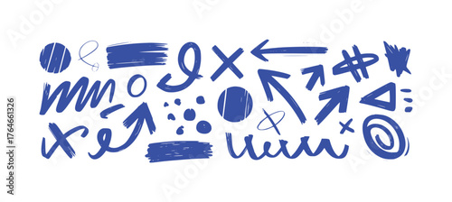 Collection of Blue Hand-Drawn Abstract Shapes and Arrows on White Background