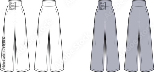 CAD drawing flat vector illustration of high waist wide leg pants with button closure, fashion flat sketch, clothing design template