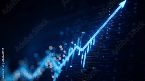 A dynamic blue line chart rises against a dark backdrop, illustrating business growth and marketing trends. The image captures the essence of success and data analytics in the workplace.