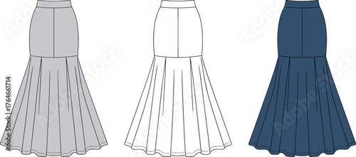 Mermaid skirt fashion illustration, vector flat design, CAD drawing style, garment silhouette, apparel concept, digital sketch, clothing template, editable artwork