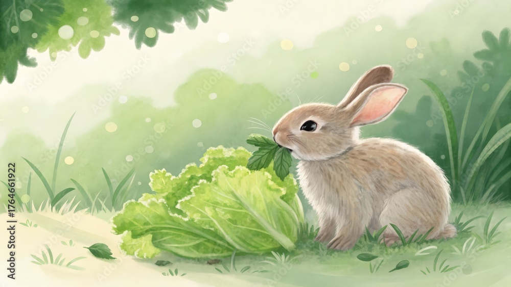 Fototapeta premium Rabbit eating lettuce leaves in watercolor style
