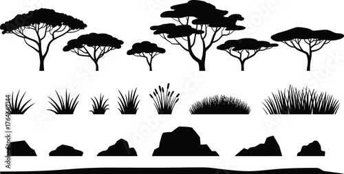 Savanna landscape silhouette vector, acacia trees, dry grass, rock formations, African nature elements, wildlife habitat, ecosystem illustration for design projects