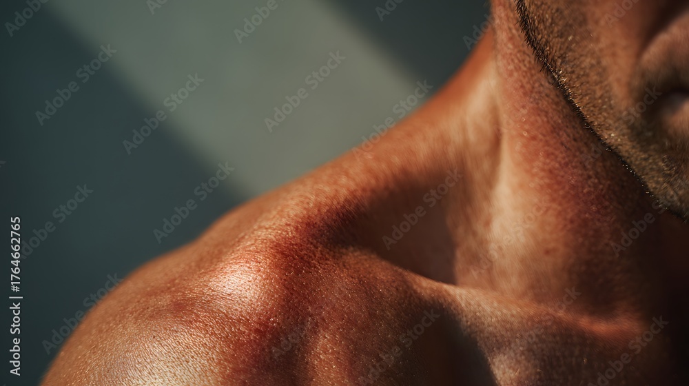 Fototapeta premium Close-up view of a muscular shoulder, highlighting skin texture and natural light. Ideal for fitness, health, and wellness themes.