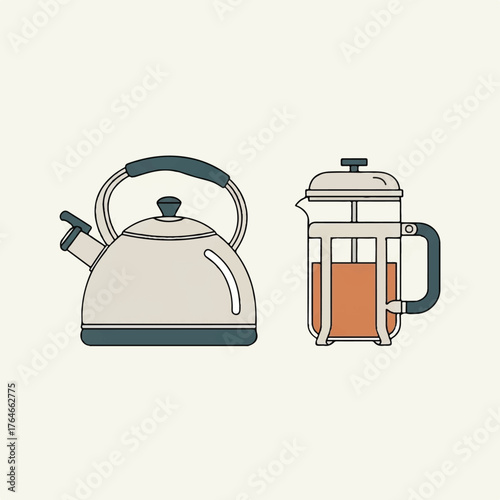 Clean illustration of a classic kettle and a versatile French press, perfect for brewing a comforting hot beverage, whether it's tea or fresh coffee