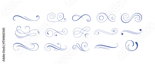 Collection of Elegant Blue Swirls and Flourishes on White Background