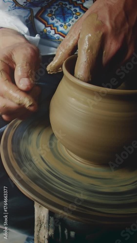 A skilled man molds clay into a beautiful jug at a pottery workshop. Watch as he shapes and details his creation.
