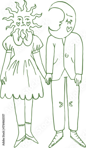 Photography Whimsical line art illustration of magical couple in moon and sun mask
