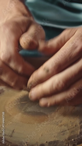 A skilled potter shapes clay on a wheel, creating beautiful pieces through expert hands and focused craft.