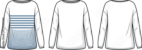 Women's striped sweater front and back view, casual fashion flat sketch, cozy pullover template, long sleeve design, CAD drawing flat vector illustration