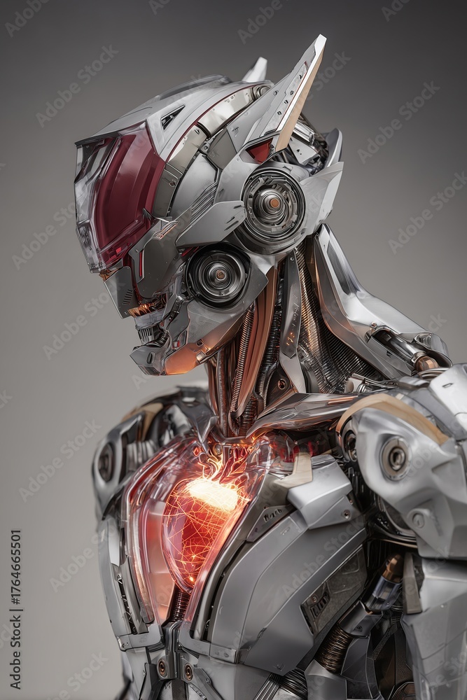Fototapeta premium Futuristic Silver Humanoid Robot with Glowing Chest Core
