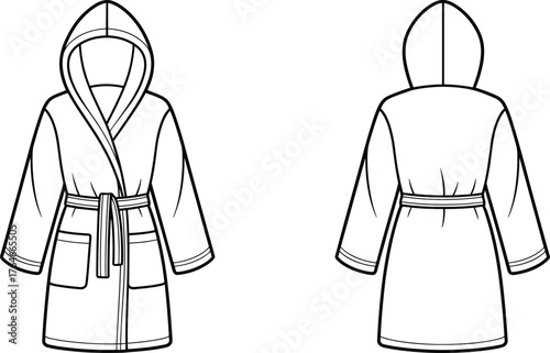 Hooded bathrobe technical sketch, front and back view, fashion flat illustration, wrap design, belt, pockets, cuffed sleeves, garment template