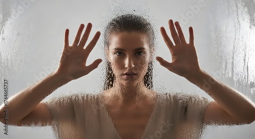 Woman standing behind fogged glass with hands pressed against it, creating a mysterious and artistic portrait filled with emotion and depth.