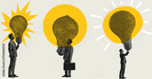 Business people holding large lightbulbs symbolizing creativity, innovation, and bright ideas for success