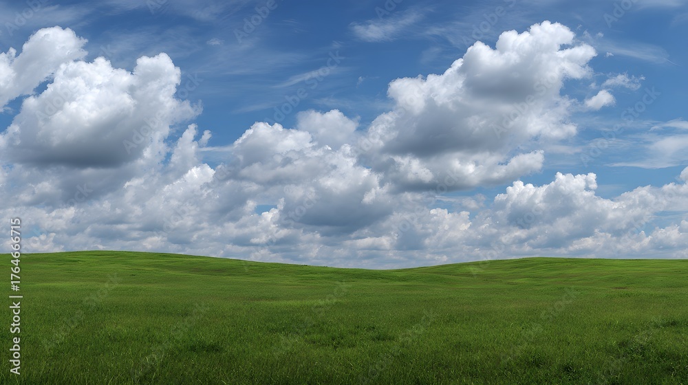 Obraz premium Expansive green field stretches beneath a bright blue sky filled with dramatic white cumulus clouds