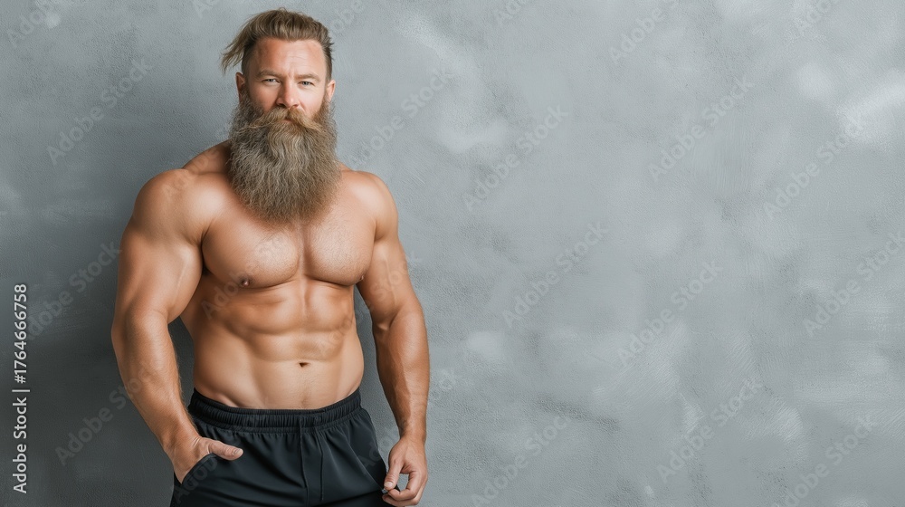 Obraz premium A muscular man stands confidently, displaying his strong build and full beard. He poses with one hand in his pocket, capturing a moment in a subtly lit indoor environment