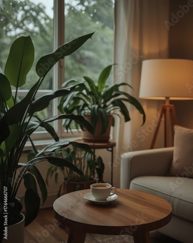 A warm cup of coffee on a wooden table in a serene living room filled with plants, creating a cozy sanctuary on a rainy day