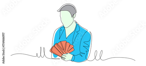 Continuous line art of a young male entrepreneur holding a lot of cash from his hard work for future investment. Vector illustration with beautiful colors.