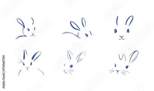 Minimalist Blue Line Art Sketches of Six Adorable Bunny Faces