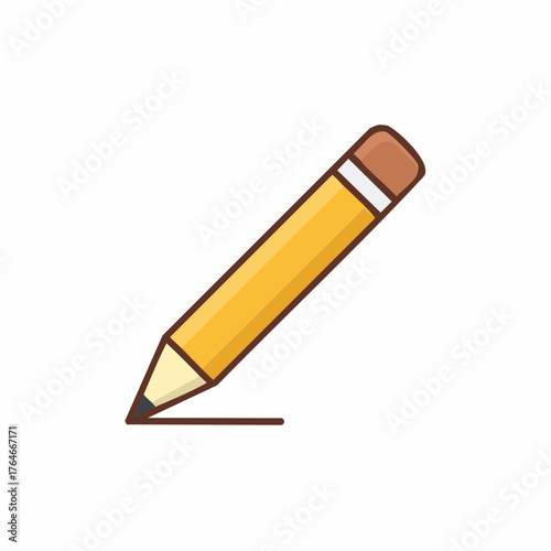 Cartoon style yellow pencil with an eraser drawing a simple horizontal line vector illustration