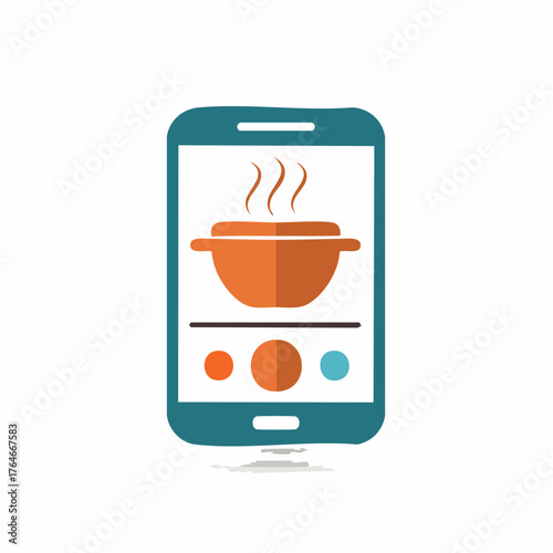 Smartphone showing cooking recipe or food app icon, pot and steam illustration