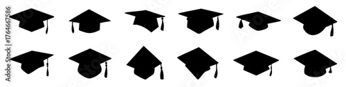 graduation hats silhouette on white background