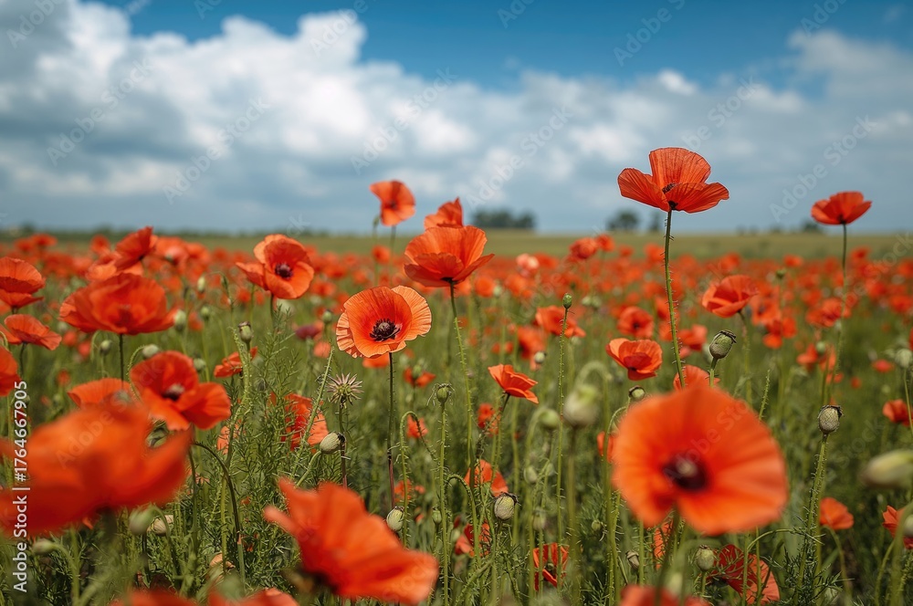 Obraz premium Wide View of a Purple Opium Poppy Meadow - Papaver Somniferum