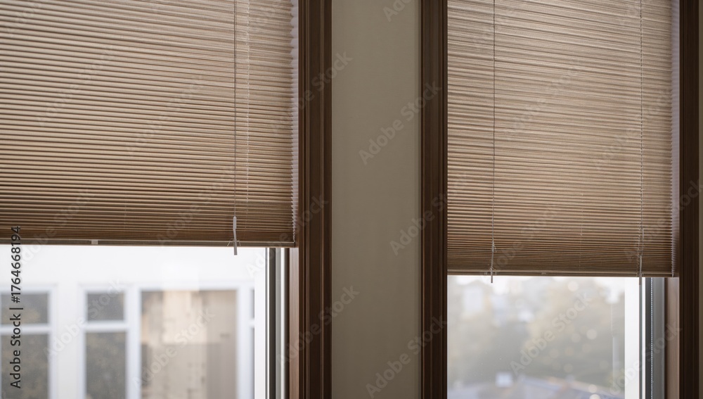 Obraz premium Motorized cordless cellular blinds on residential windows.
