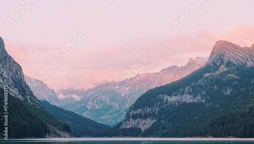 Serene Valley Vista. Peaks, Forests, and Water Reflections at Sunrise, Natures Harmony.