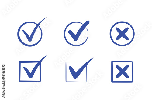 Set of blue checkmarks and crosses in circles and squares on white background