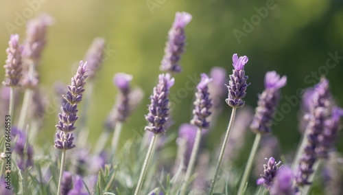 Purple wildflower meadow, fresh lavender blooms, natural backdrop, close-up with gentle blur