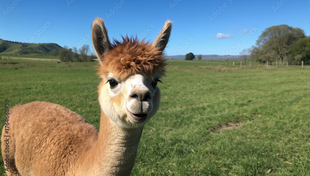 Obraz premium Adorable alpaca on rural farmland. Charming and playful members of the camelid family (Vicugna pacos).