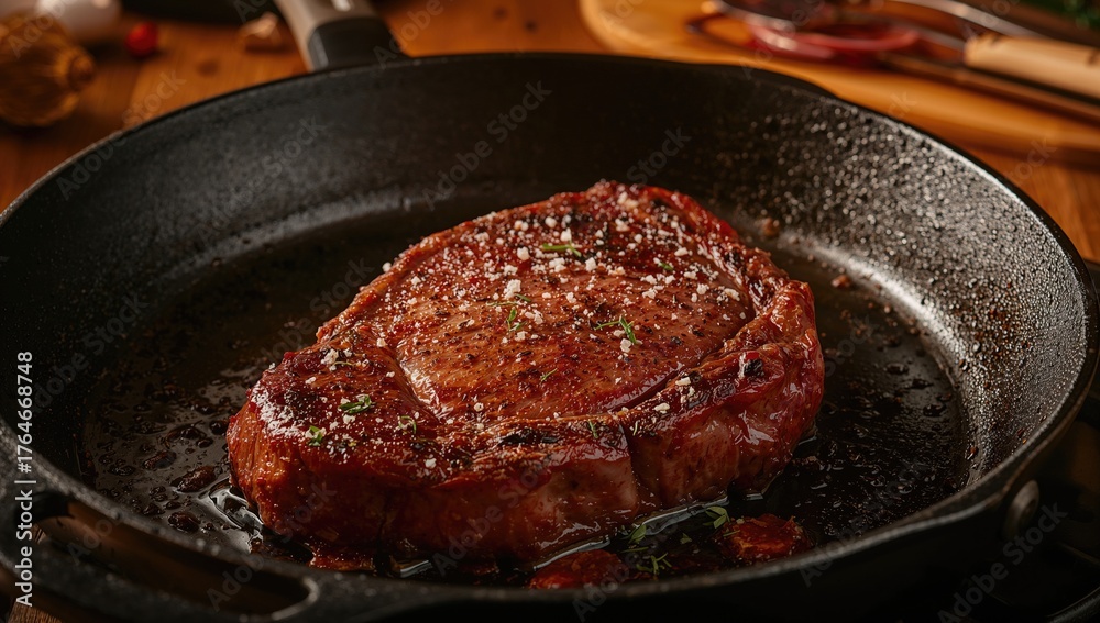 Fototapeta premium Medium rare entrecote steak seared in a cast iron skillet with seasoning