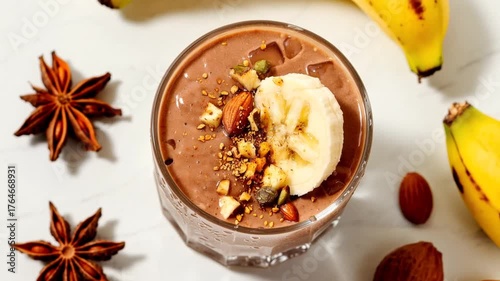 chocolate counter delicious banana smoothie with nuts and spice