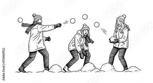 Three friends playing snowball fight outdoors in winter landscape  
