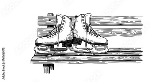 Ice skates resting on a wooden bench in a minimalist style  