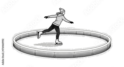 Woman ice skating gracefully on a circular rink in winter  