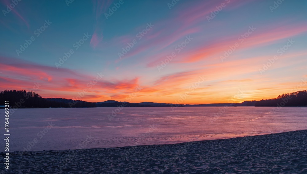 Obraz premium Vibrant Dusk Reflections on Icy Waters at Dock