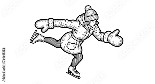 Girl ice skating in winter coat and mittens on white background  