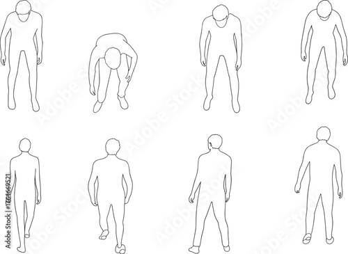 Human figure posture illustration, black and white anatomy drawing, standing walking bending poses, ergonomic study design, movement reference sketch collection