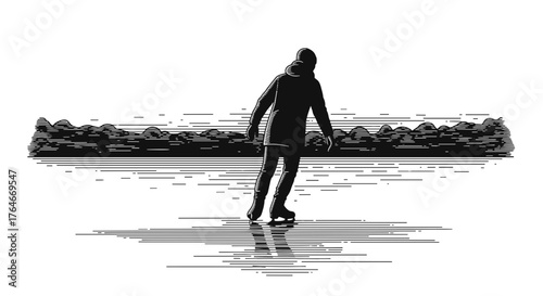 Male skater gliding on frozen lake at dusk with silhouette effect  