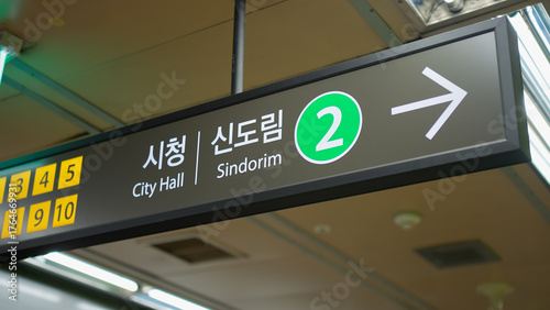 Photography Seoul subway station sign displaying line two and destination information in Han