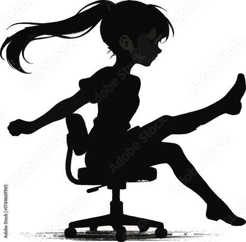 a girl playfully kicking her legs while seated on a chair