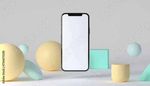 Modern smartphone mockup surrounded by vibrant pastel abstract geometric shapes for eye-catching product display and design projects