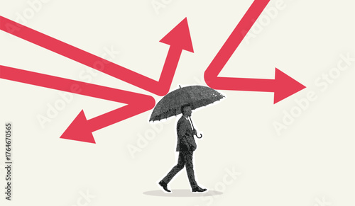 Halftone illustration of businessman with umbrella protecting from red arrows symbolizing financial crisis and risk management