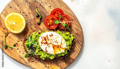 Savor a vibrant, healthy breakfast featuring creamy avocado toast topped with a perfectly poached egg, fresh tomatoes, and a bright lemon slice.