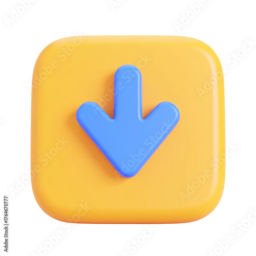 Glossy blue arrow pointing down on orange square on transparent background