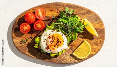 Vibrant avocado toast with poached egg, cherry tomatoes, and lemon wedges offers a delicious, healthy, and visually appealing breakfast or brunch option